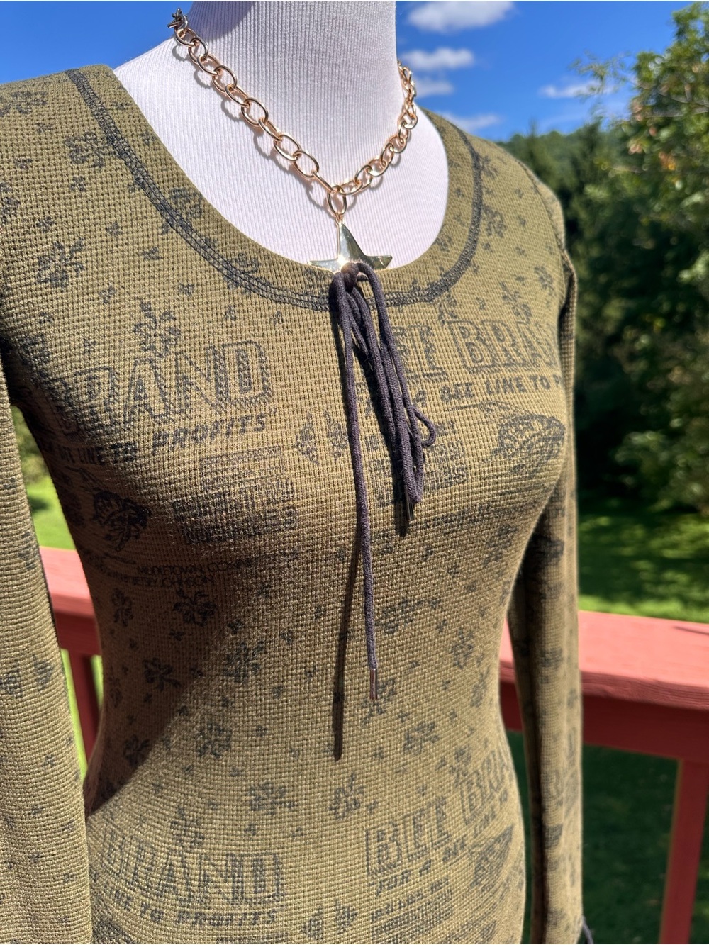 Vintage Betsey Johnson Runway Bee Brand Olive Thermal Long Sleeve Midi Dress - Picture 2 of 10